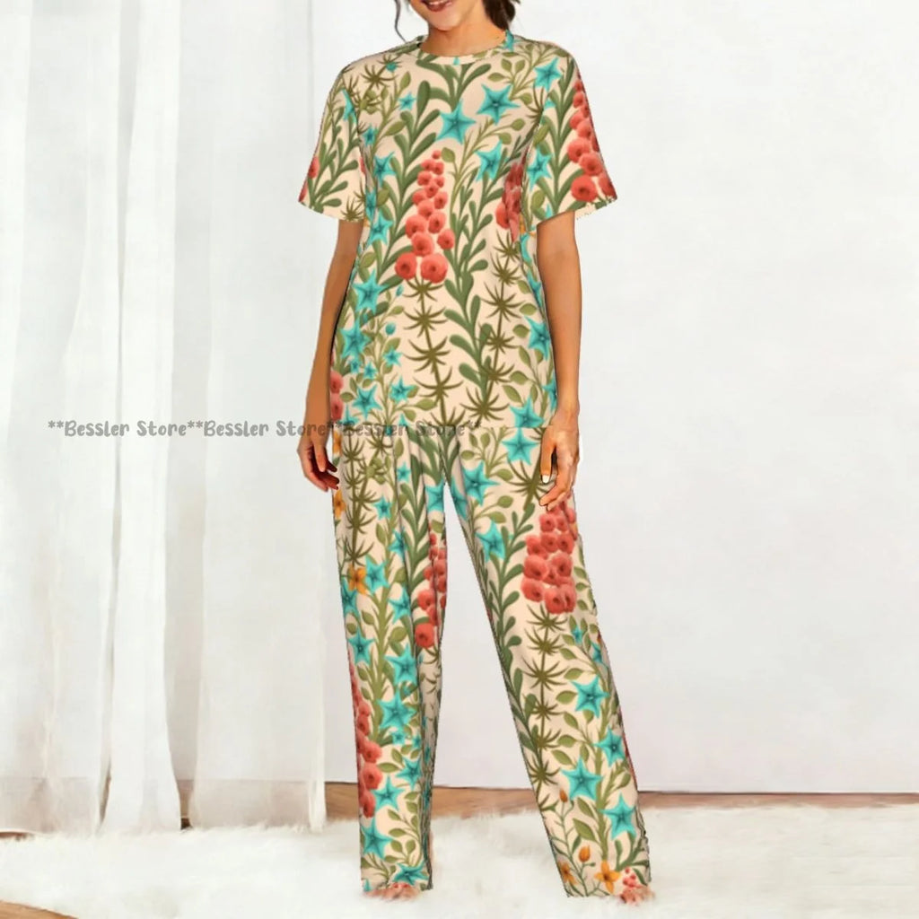 Women's Floral Flowers And Leaves short sleeve trousers casual pajamas set
