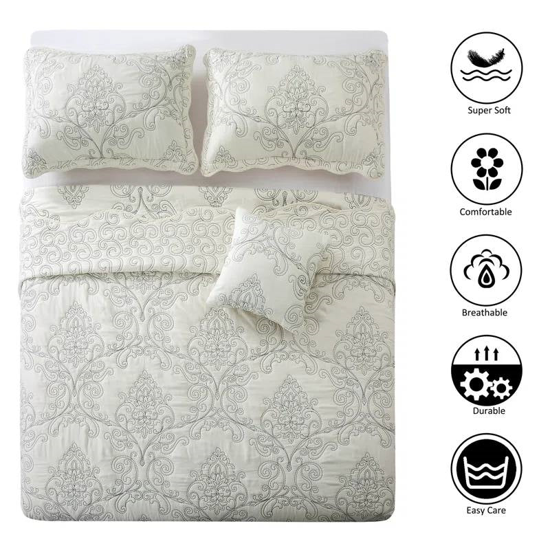 Queen size Antique White Damask Embroidered 4 Piece Oversized Bedspread Set