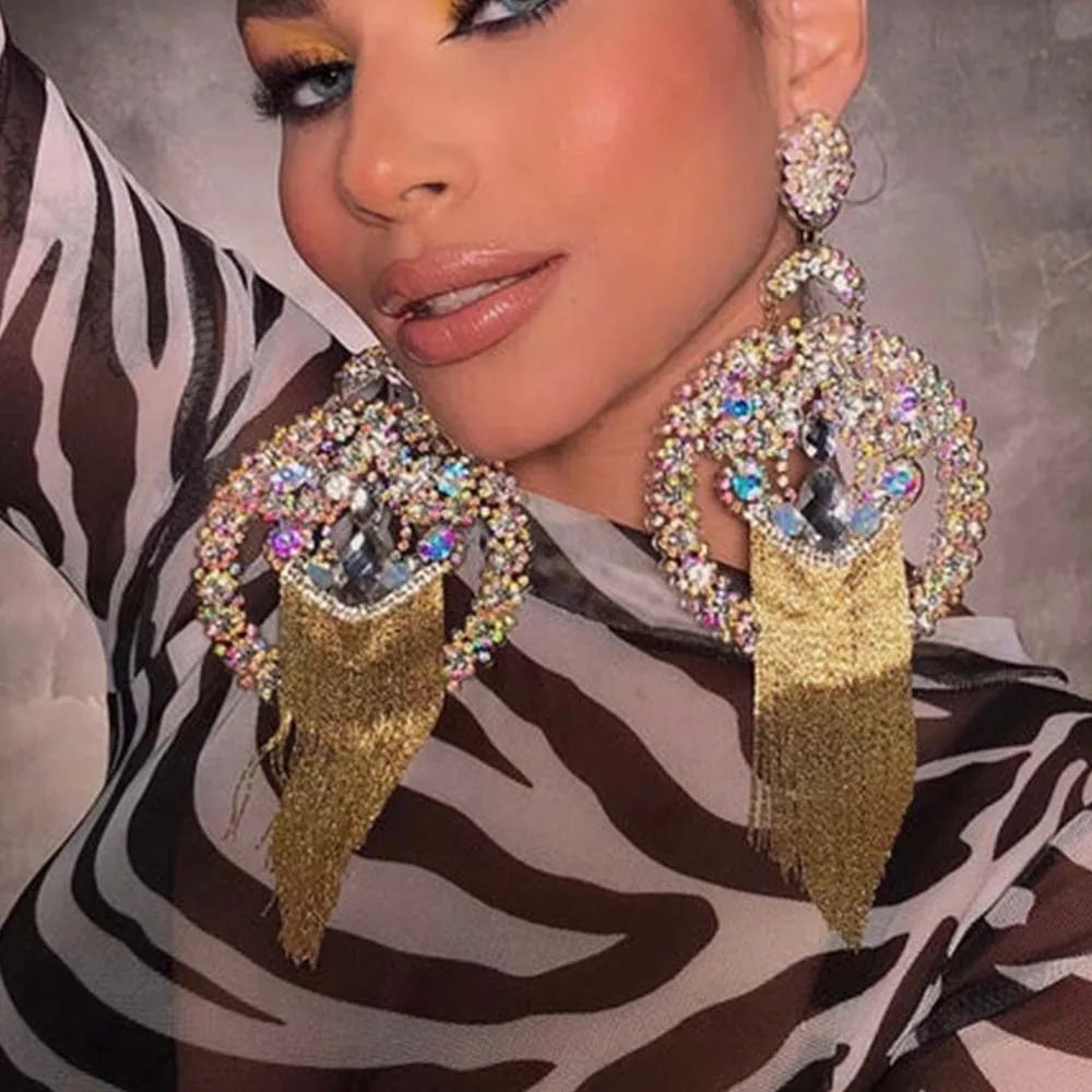 Stonefans Exaggerated AB Color Tassel Earrings 2024 Charm Accessories Stunning Piercing Fashion Fringes Earring Decorated Dance