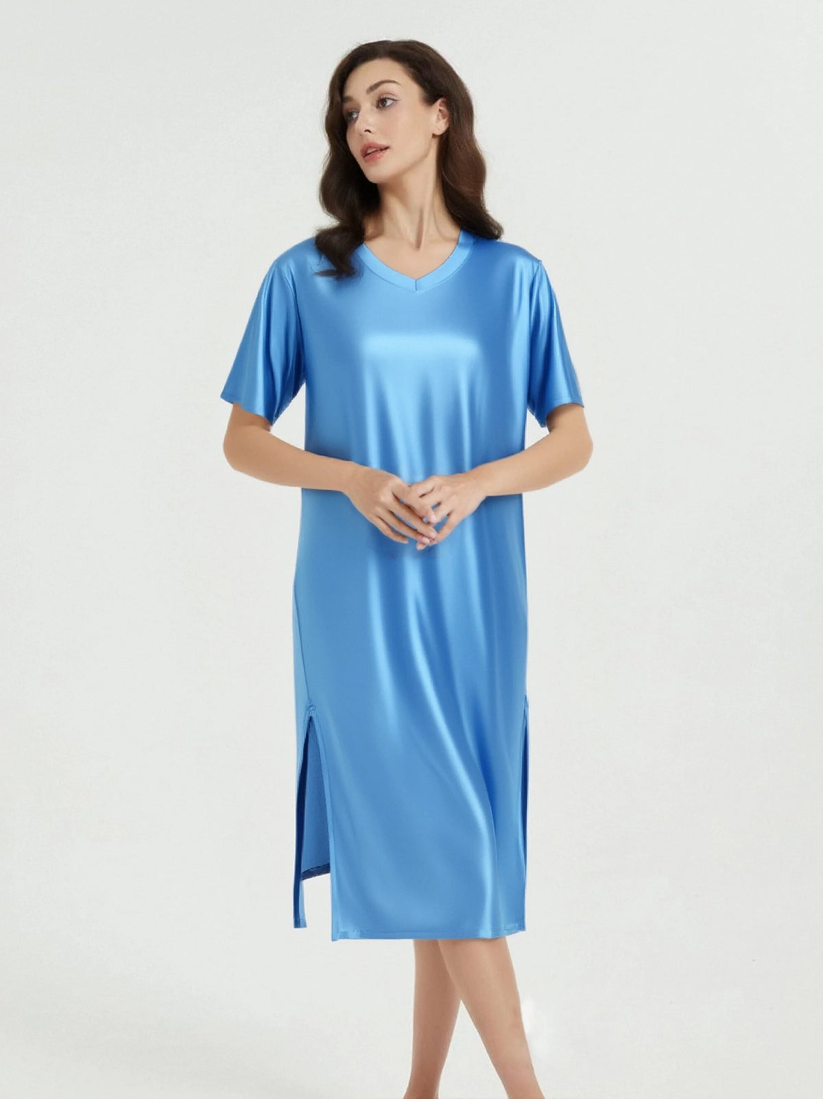 Women's Glossy Soft Silky Long Dress High Stretch V-neck Long Sleeve Loose Casual Nightgown Comfortable plus Size Home Wear