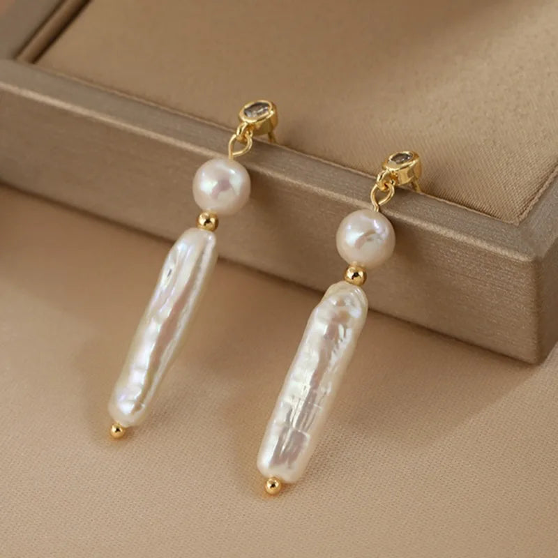 Minar Delicate Round CZ Cubic Zircon Freshwater Pearl Beads Tassel Long Dangle Earrings for Women 14K Real Gold Plated Copper