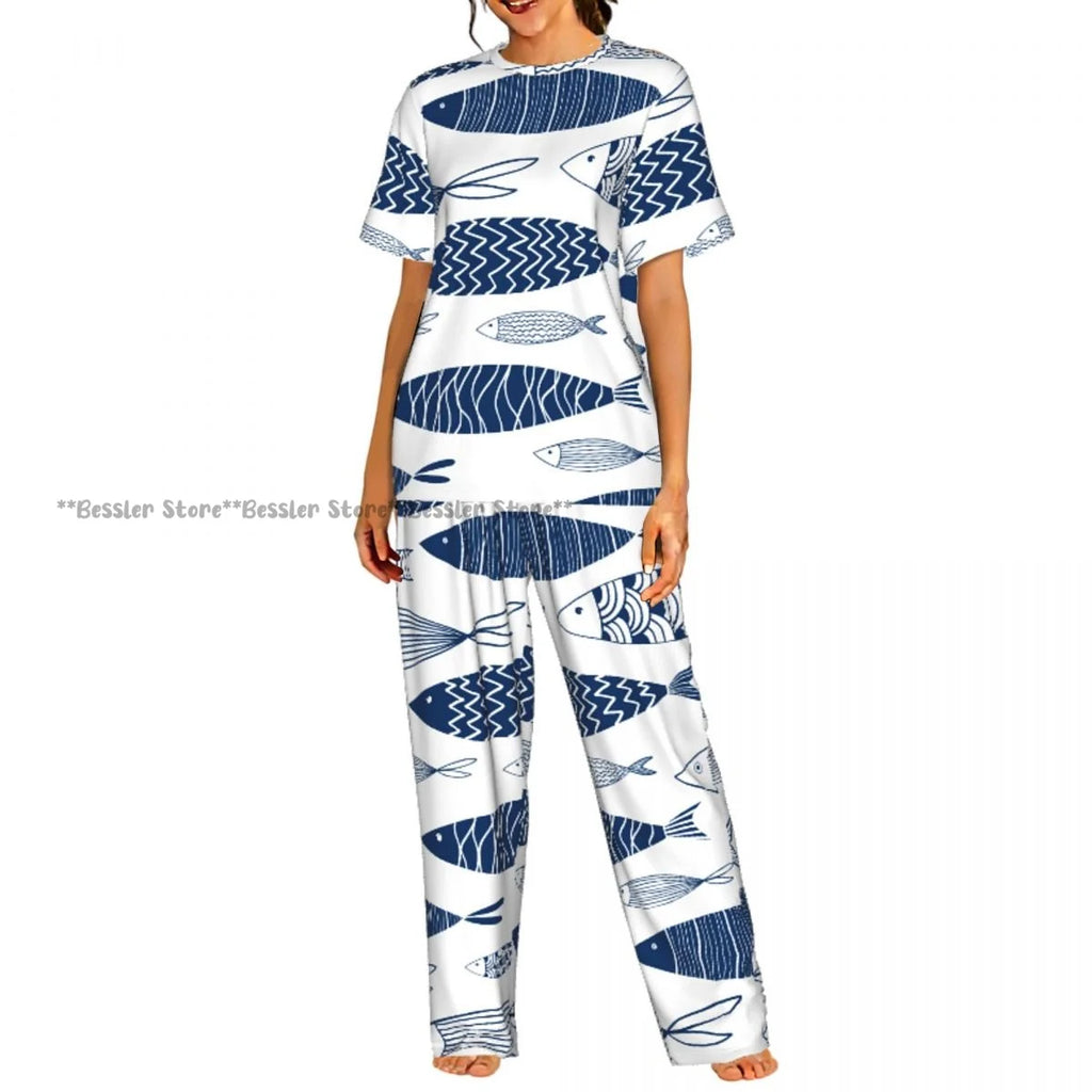 Women's Colorful Fish Pattern short sleeve trousers casual pajamas set