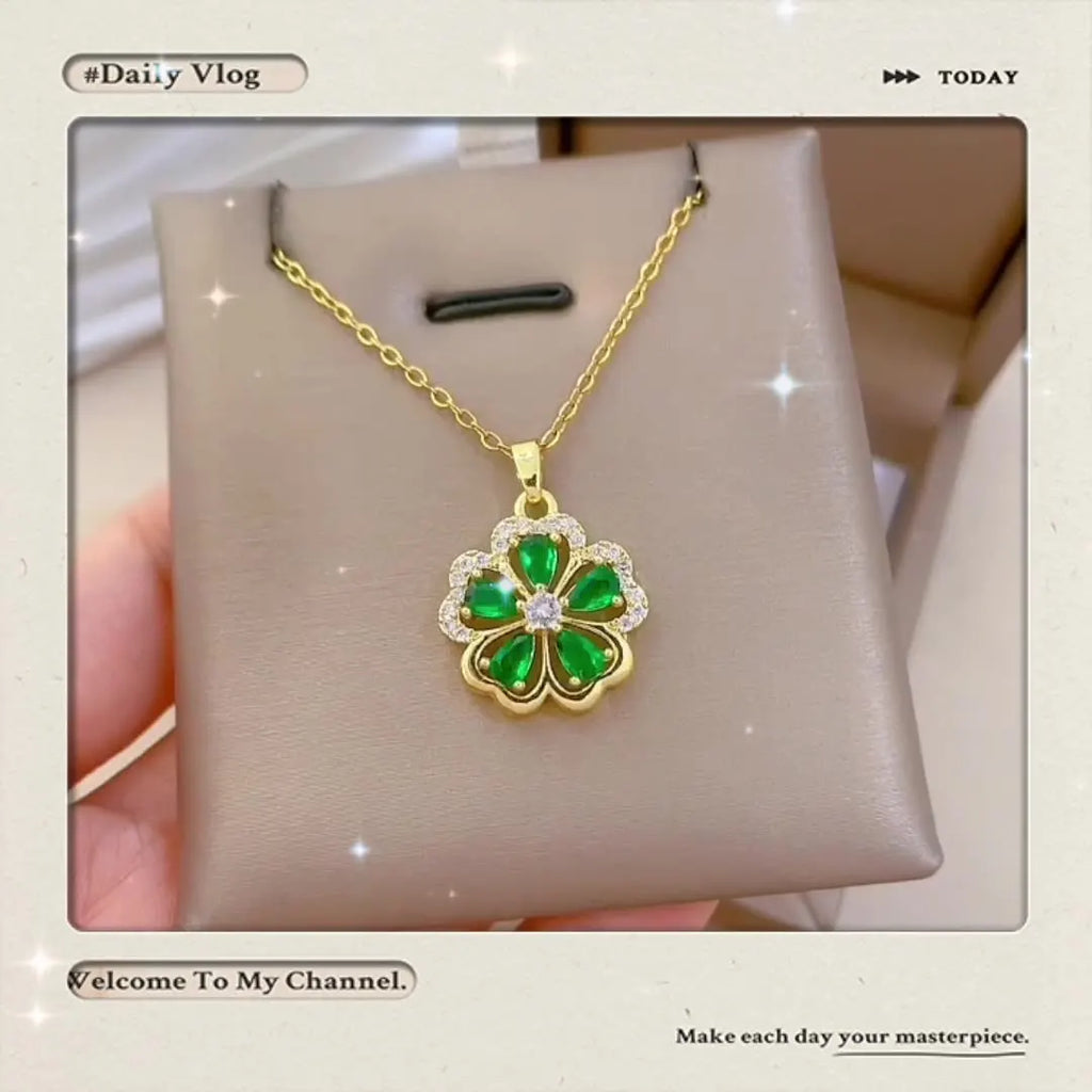 DIEYURO 316L Stainless Steel Green Zircon Five Petal Flower Pendant Necklace For Women New Fashion Collarbone Chain Jewelry Gift