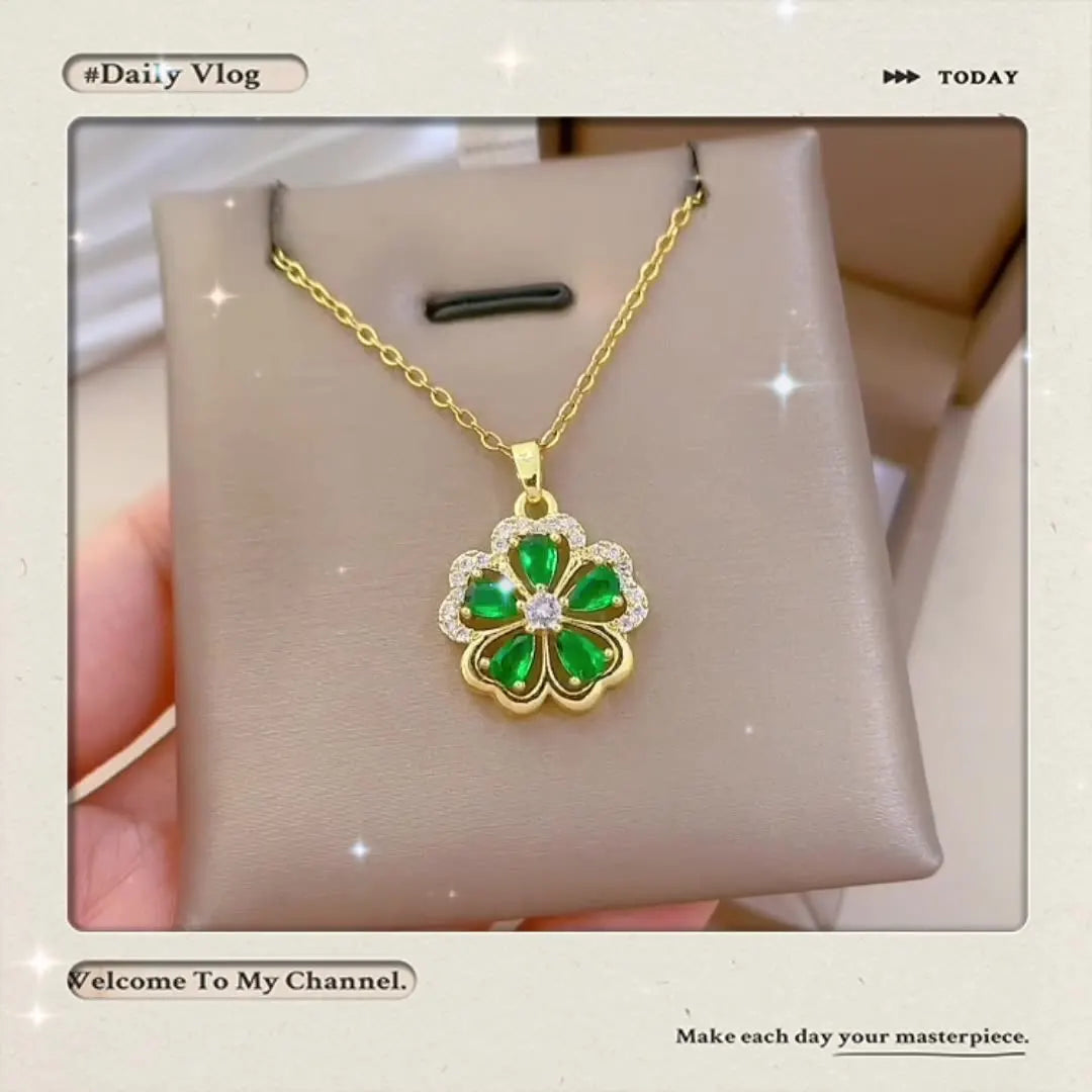 DIEYURO 316L Stainless Steel Green Zircon Five Petal Flower Pendant Necklace For Women New Fashion Collarbone Chain Jewelry Gift