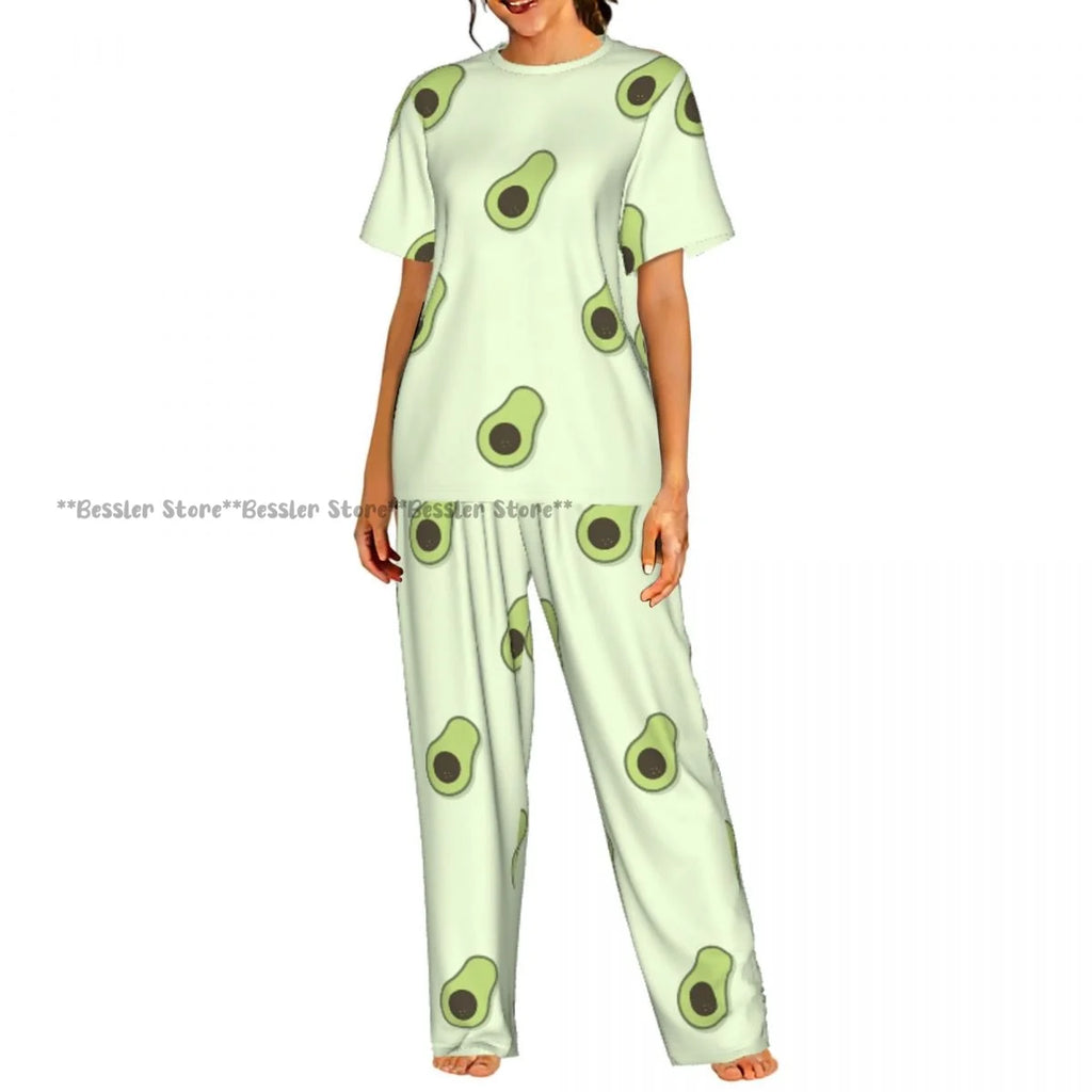 Women Pajama Sets Lounge Sleepwear Avocado Character Short Sleeve Nightwear