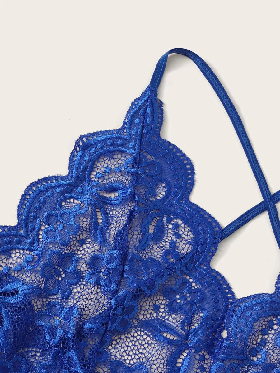 Royal Blue Floral Lace V-Neck Bodysuit with Criss-Cross Straps and Ruffle Hem