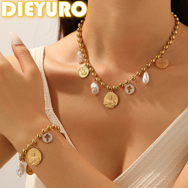 DIEYURO 316L Stainless Steel Retro Portrait Cross Palm Pearl Pendant Beads Necklace Bracelet Set Lady Fashion Waterproof Jewelry