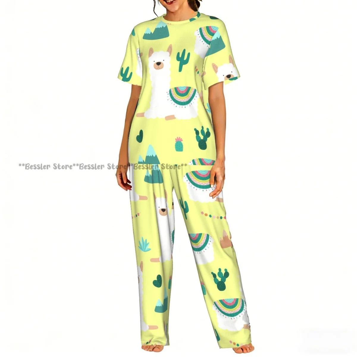 Women's 2-piece set You Are Llamazing Llama Pattern With Hearts Pajamas Short sleeved Top and Pants Sleepwear