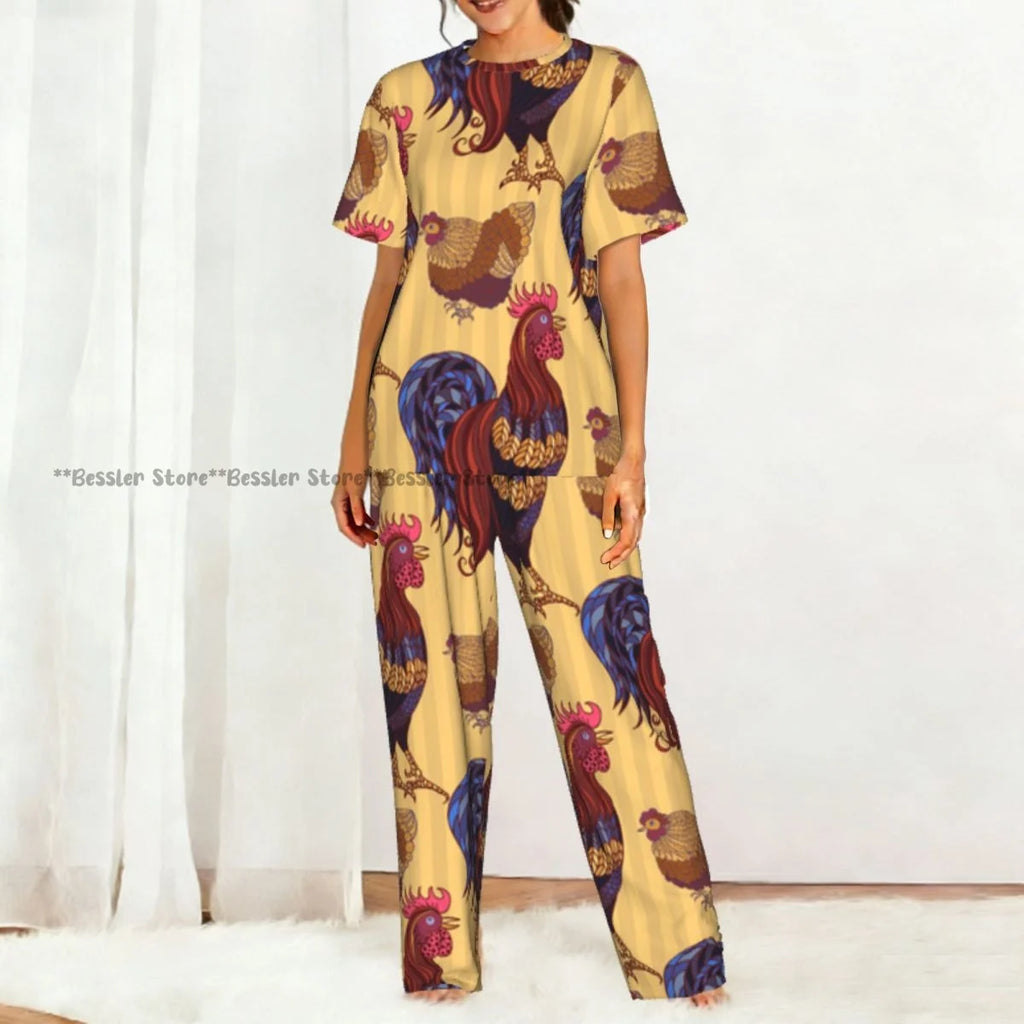 Women's Comfort Pajamas Women's Hand Drawn Rooster Hens And Chickens Short Sleeve Set Sleepwear