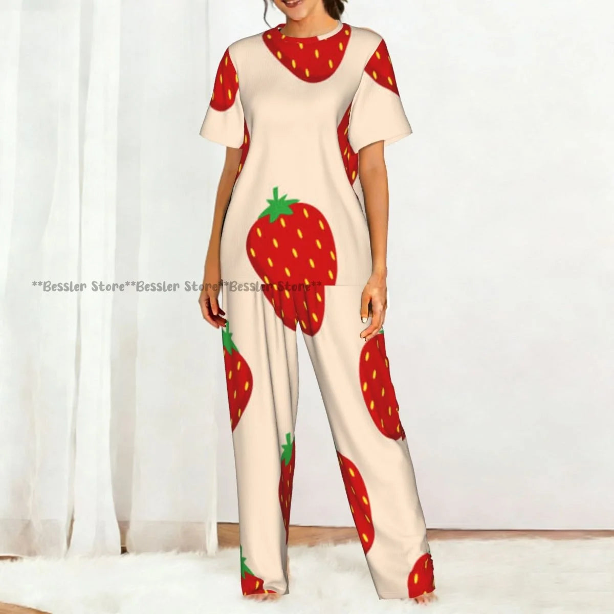 Women's Pajamas Set Strawberry Illustration Short Sleeve Sleepwear 2 Piece Homewear Loungewear