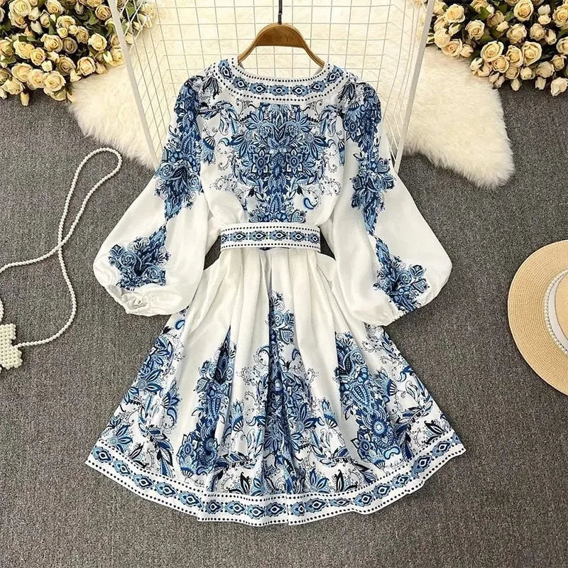 Autumn Women's Fashion V-neck Long Sleeved Bohemian Printed Dress Retro Lantern Sleeve Chinese Style Blue White Porcelain Dress