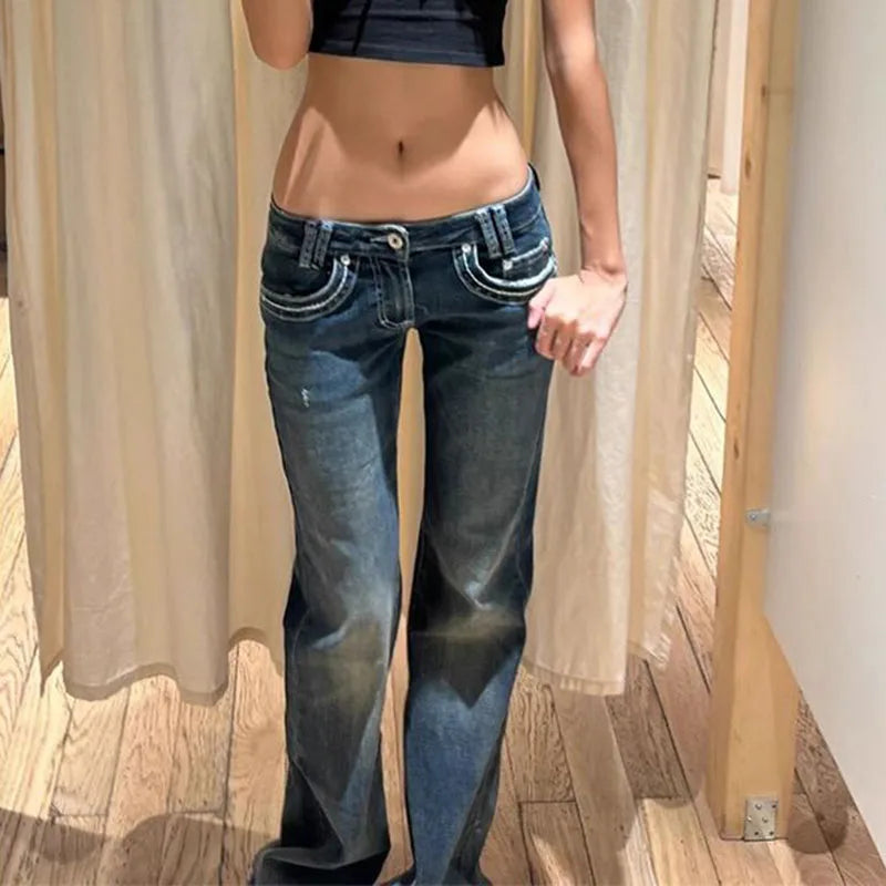 American Vintage Y2K Jeans for Women Sexy Slim Low-Waisted Wide Leg Denim Trousers Female Fashion Streetwear Flared Jean Pants
