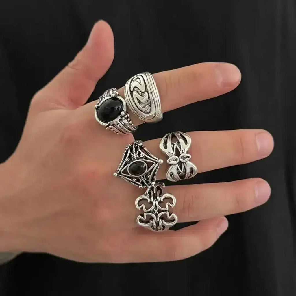 IngeSight.Z 5Pcs/set Punk Hollowout Chunky Open Ring Men Gothic Irregular Geometry Finger Rings Jewelry Halloween Party Gift