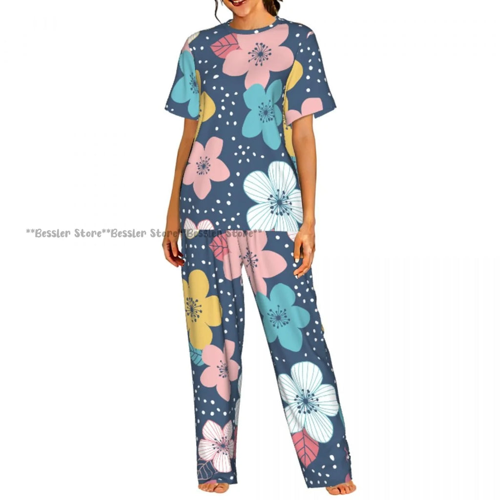 Women's Floral Flowers And Leaves short sleeve trousers casual pajamas set