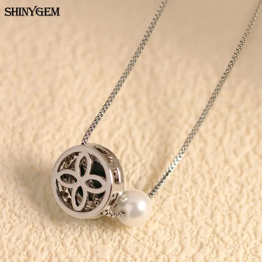 ShinyGem Woman 12 mm Natural Malachite & Pearl Pendant Zircon Accented Green Crystal Gemstone Jewelry Platinum Plated Necklace