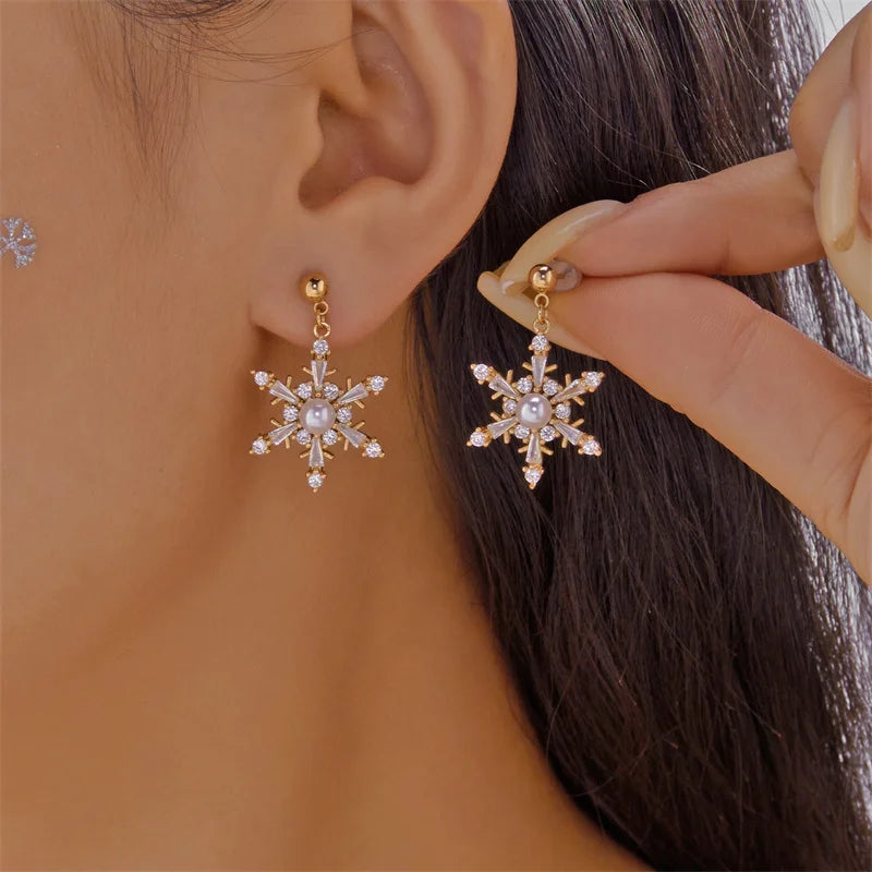 Christmas Rhinestone Snowflake Drop Earrings for Women Fashion Imitation Pearl Stud Earring Girls New Year Party Jewelry Gifts