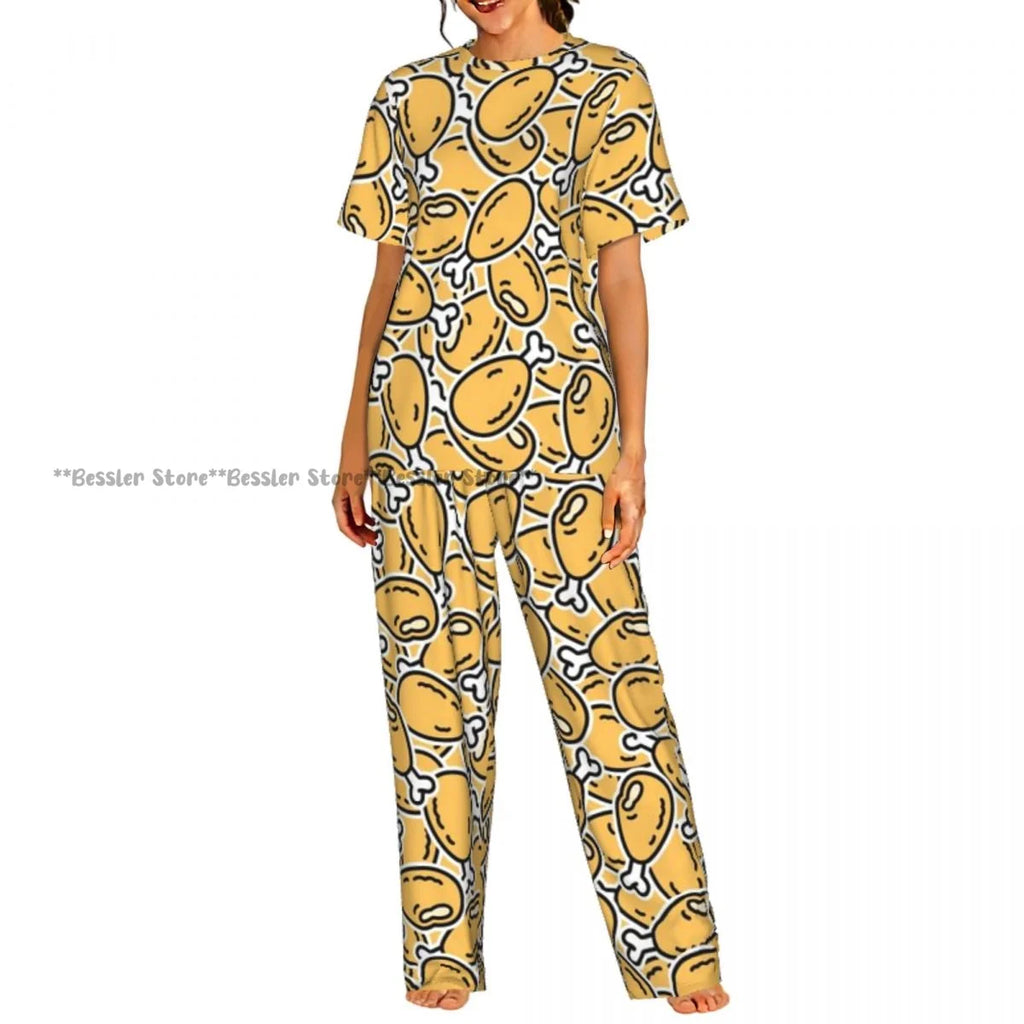 Women Pajama Sets Lounge Sleepwear Crispy Fried Chicken Pattern Short Sleeve Nightwear