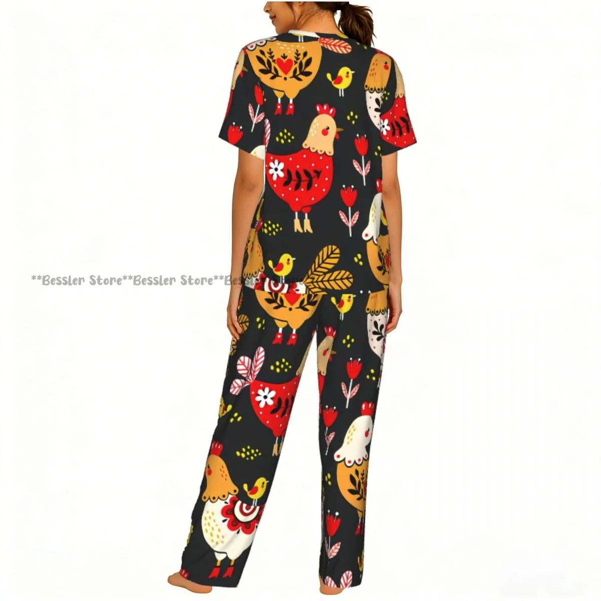 Women's Comfort Pajamas Women's Rooster Hens And Chickens Background Short Sleeve Set Sleepwear