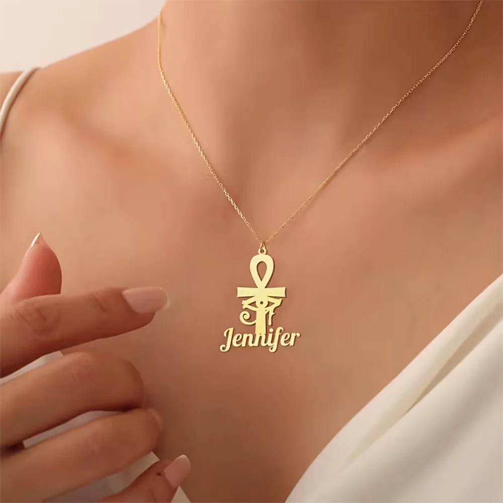 Custom Name Necklace Egyptian Ankh Fashion Gold Color Stainless Steel Eye Of Ra Aunk Amulet Chain Jewelry Personalization Gift
