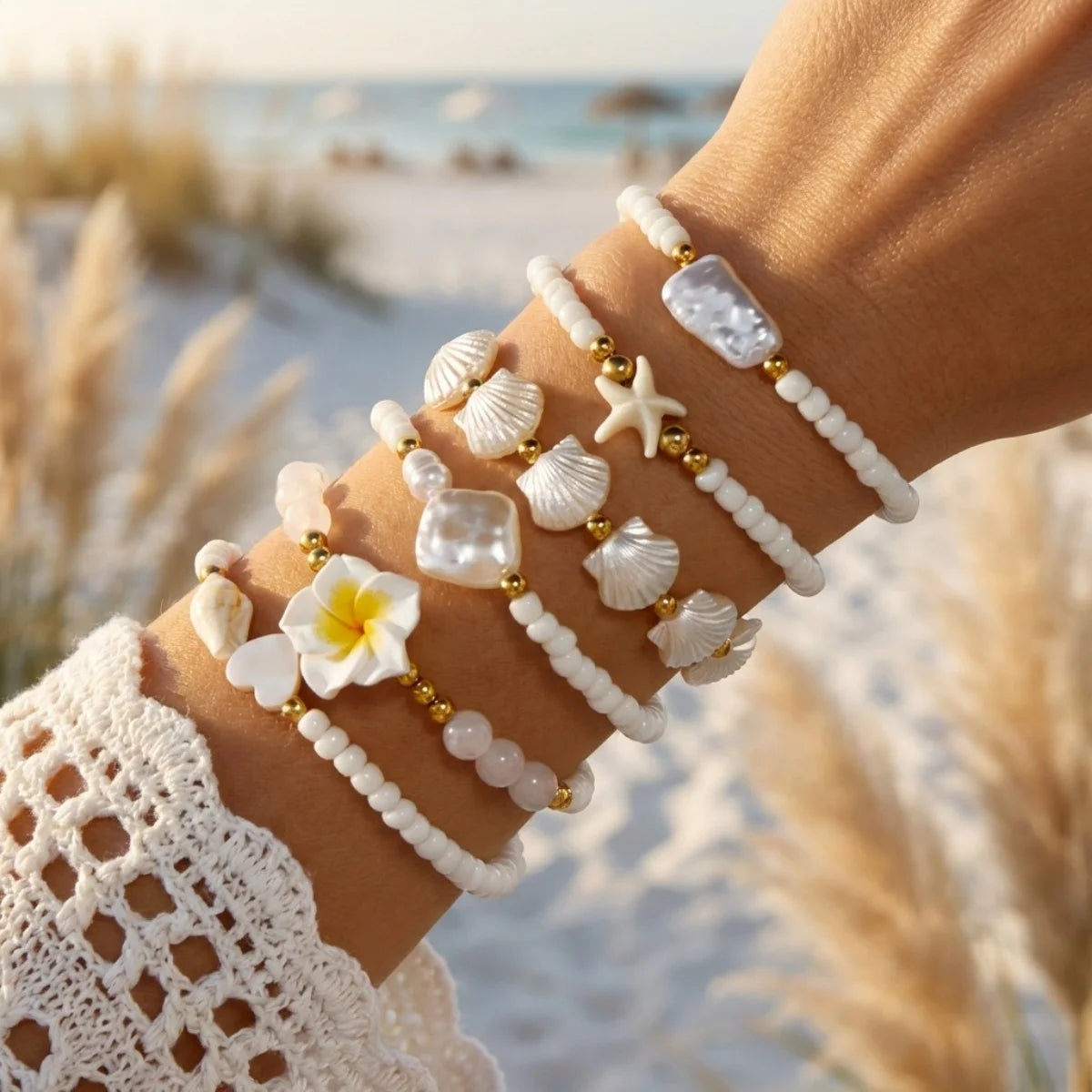 Multilayer Starfish Dolphin Shell Coconut Tree Bracelets For Women Men Imitation Pearl Flower Fish Tail Stackable Bangle Jewelry