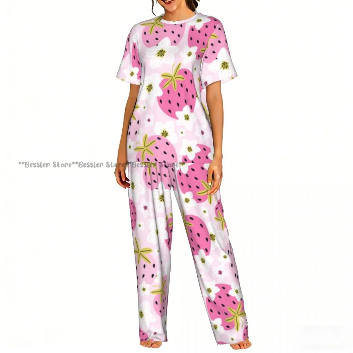 Women's Pajamas Set Strawberry Illustration Short Sleeve Sleepwear 2 Piece Homewear Loungewear