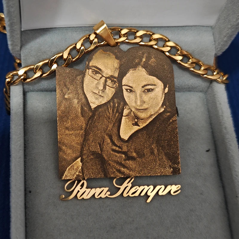 Custom Couple Necklace Cuban Chain Personalized Stainless Steel Laser Engraved Photo Nameplate Pendant Necklace Anniversary Gift