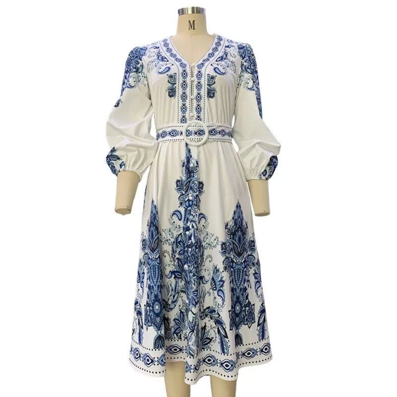 Autumn Women's Fashion V-neck Long Sleeved Bohemian Printed Dress Retro Lantern Sleeve Chinese Style Blue White Porcelain Dress