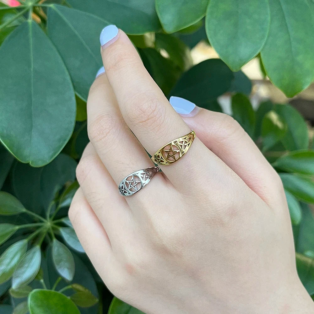COOLTIME Witch Knot Supernatural Pentagram Ring for Women Stainless Steel Celtics Knot Star Amulet Couple Ring Jewelry Gift