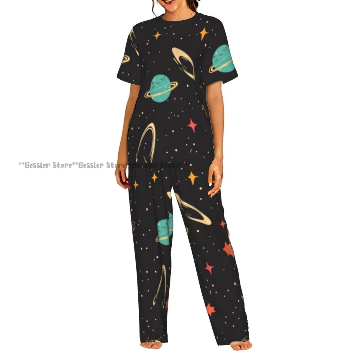 Women's Zodiac Stars On Cosmic Sky short sleeve trousers casual pajamas set
