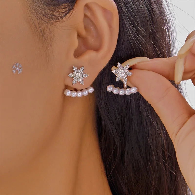 Christmas Rhinestone Snowflake Drop Earrings for Women Fashion Imitation Pearl Stud Earring Girls New Year Party Jewelry Gifts
