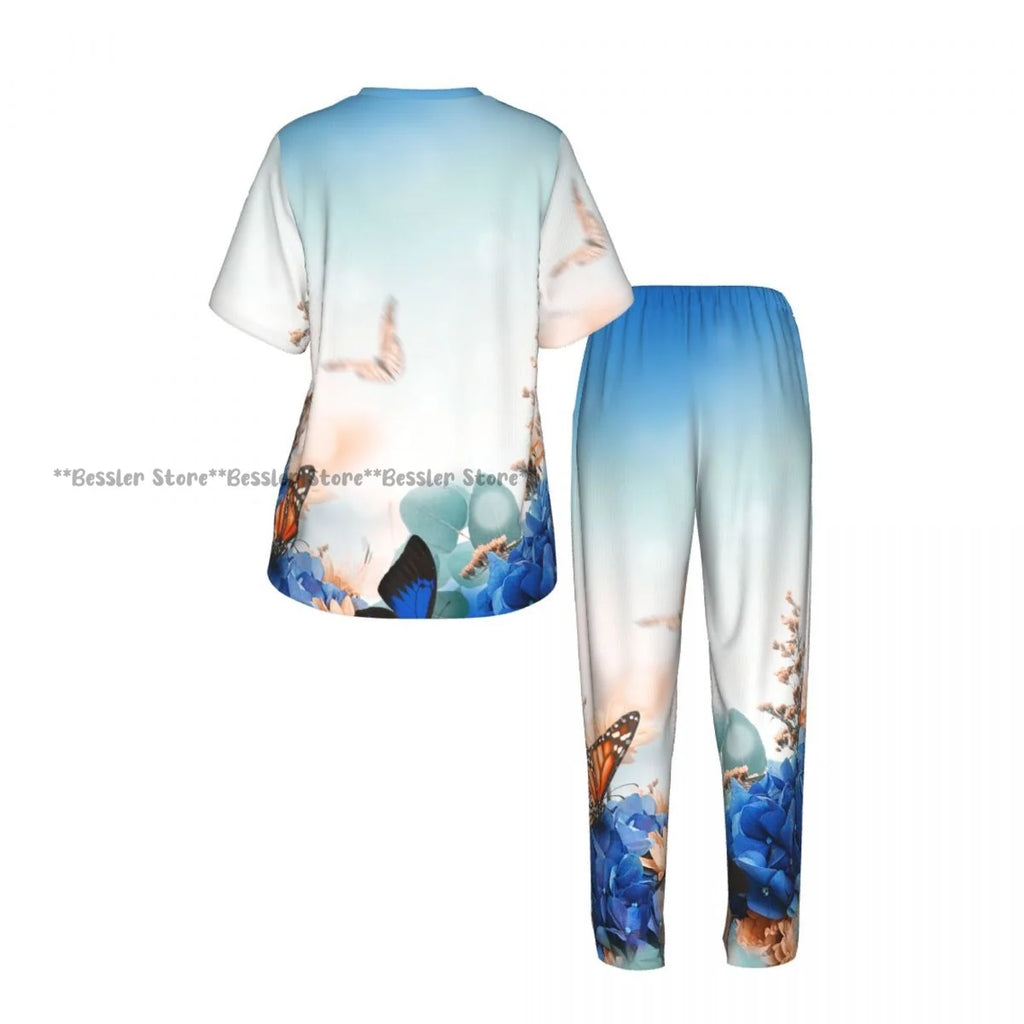 Women's Pajamas Set Blue Hydrangeas And Daisies Floral Butterflies Short Sleeve Sleepwear 2 Piece Homewear Loungewear