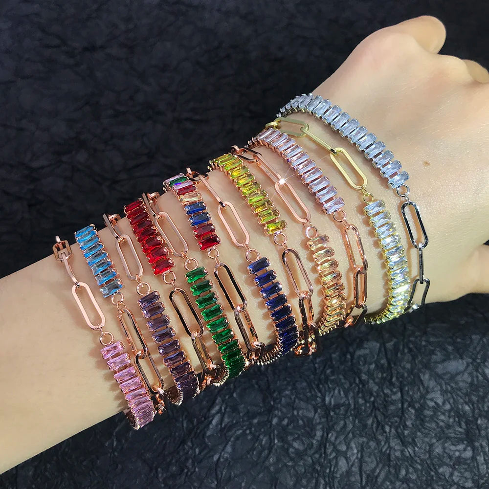 Dainty Fake Paperclip Tennis Bracelet for Women Adjustable Shiny Colorful Crystal Short Chain on Hand Party Sexy Jewelry KCH079