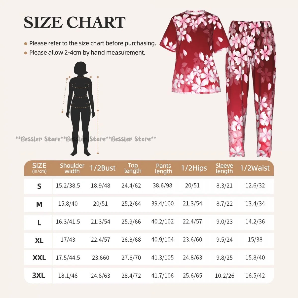 Women's 2-piece set Cherry Spring Flower Pajamas Short sleeved Top and Pants Sleepwear