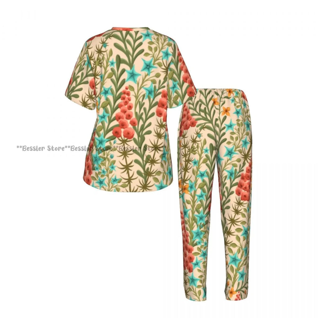 Women's Floral Flowers And Leaves short sleeve trousers casual pajamas set