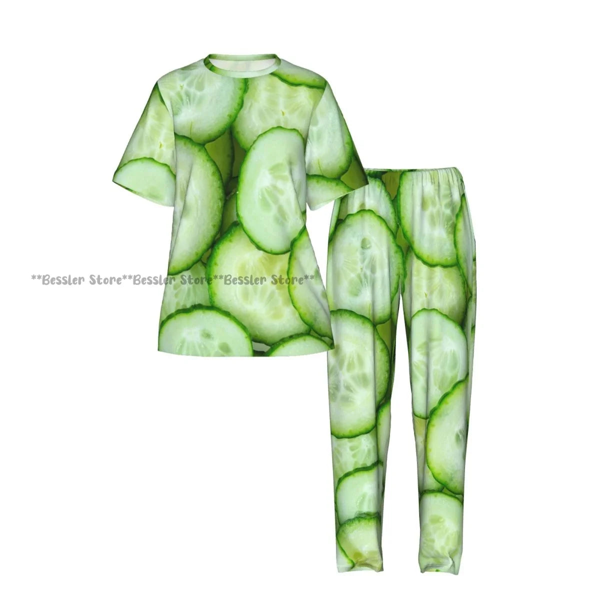Women Pajama Sets Lounge Sleepwear Cucumbers Cut Print Short Sleeve Nightwear