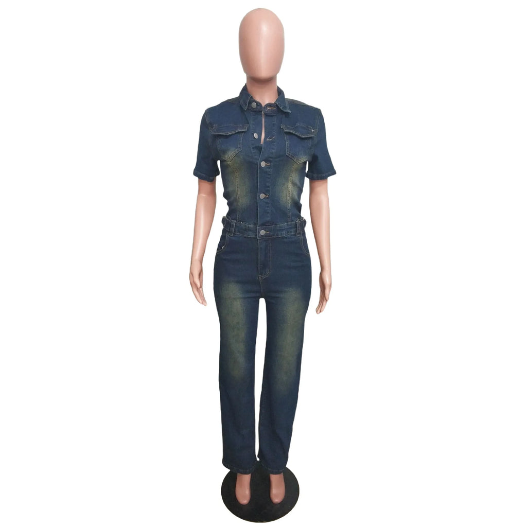 Demin Overalls Jumpsuits Women One Piece Mom Jeans Long Pants Short Sleeve High Waist Rompers Y2k Streetwear Casual Party