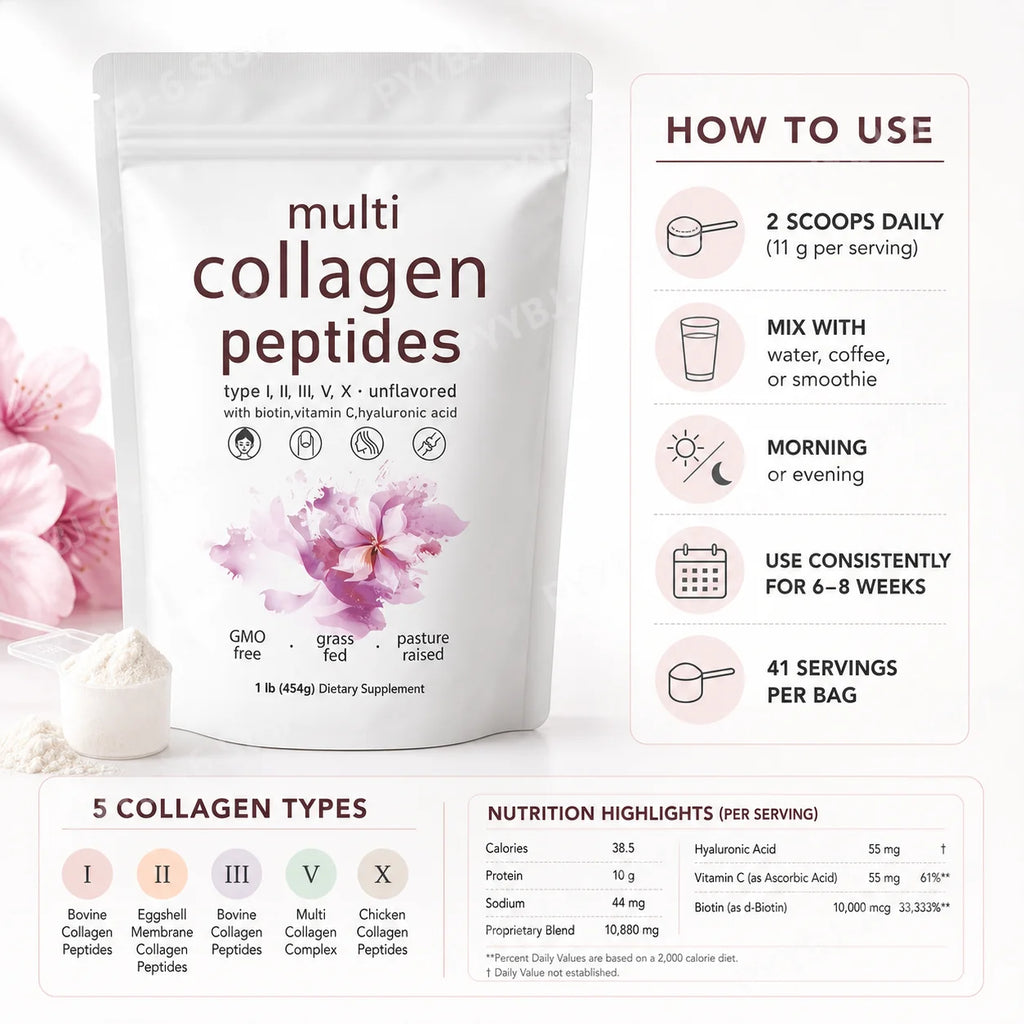 Multi Collagen Peptides Powder 454g Unflavored Collagen Blend with Vitamin C Biotin Hyaluronic Acid Skin Hair Nails Support