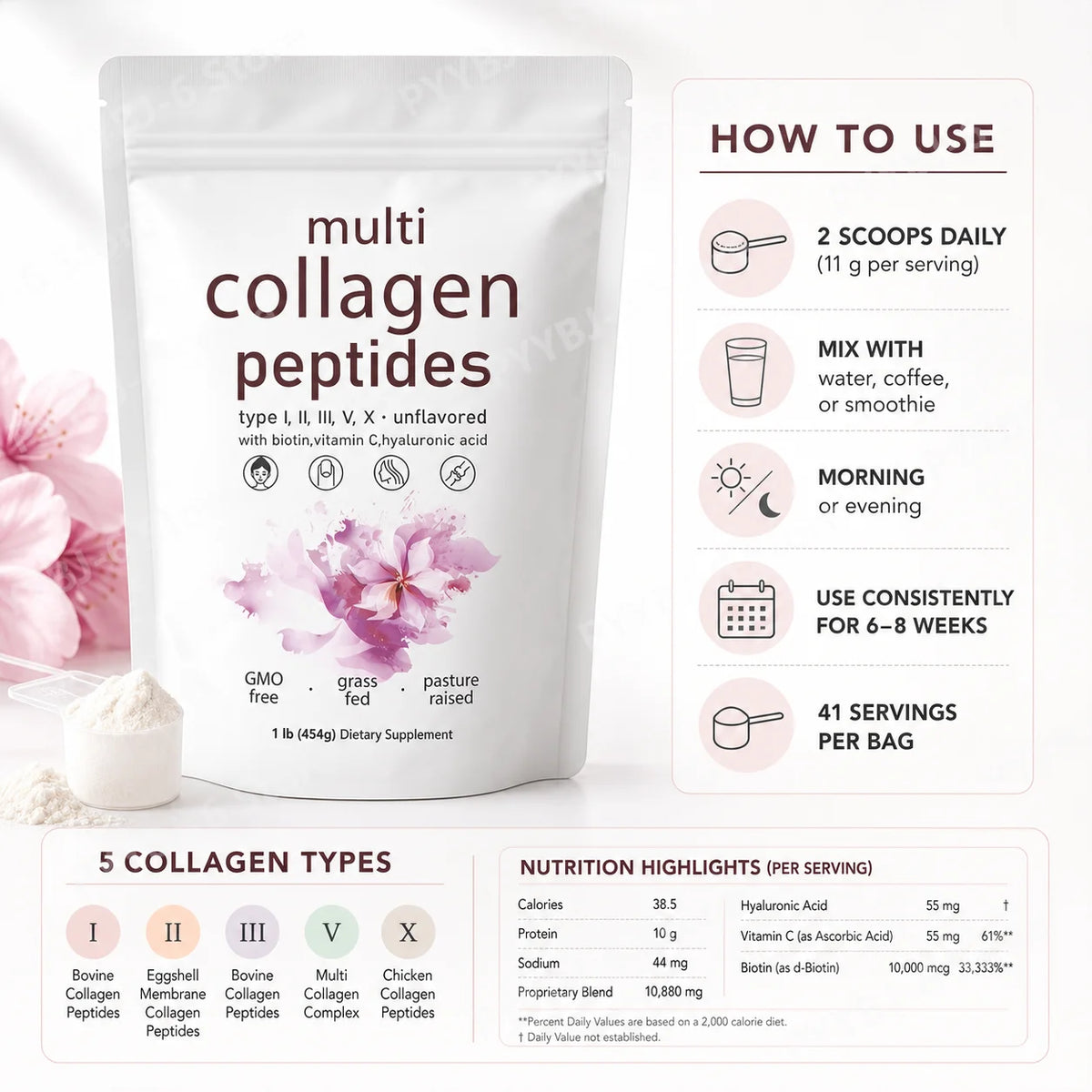 Multi Collagen Peptides Powder 454g Unflavored Collagen Blend with Vitamin C Biotin Hyaluronic Acid Skin Hair Nails Support