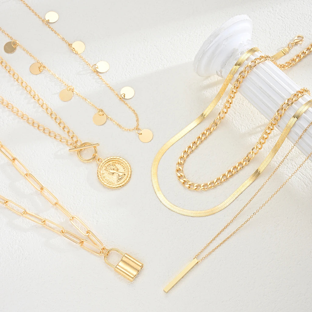 6pcs/3pcs Vintage Elegant Fashion Multi-Element Portrait Coin Cross Lock OT Buckle Pendant Hollow Chain Layered Necklace Set New
