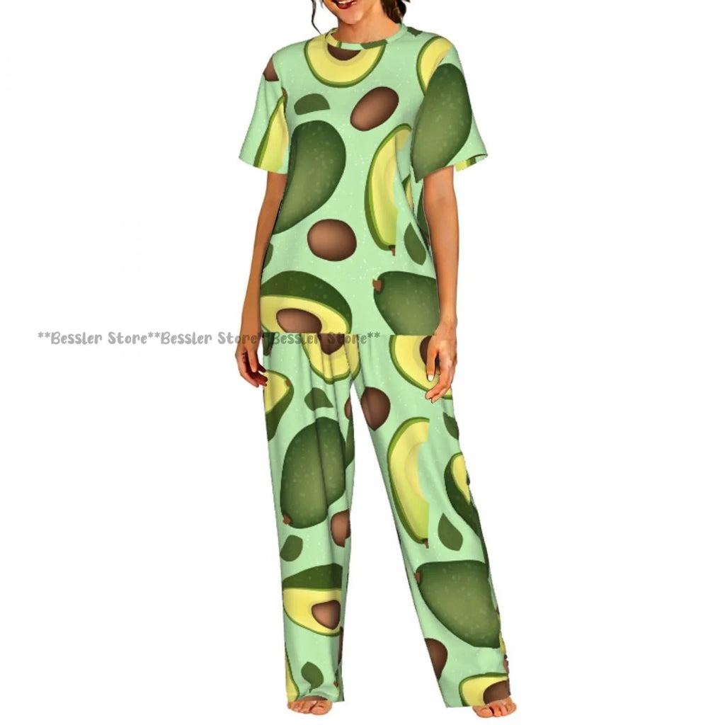 Women Pajama Sets Lounge Sleepwear Avocado Character Short Sleeve Nightwear