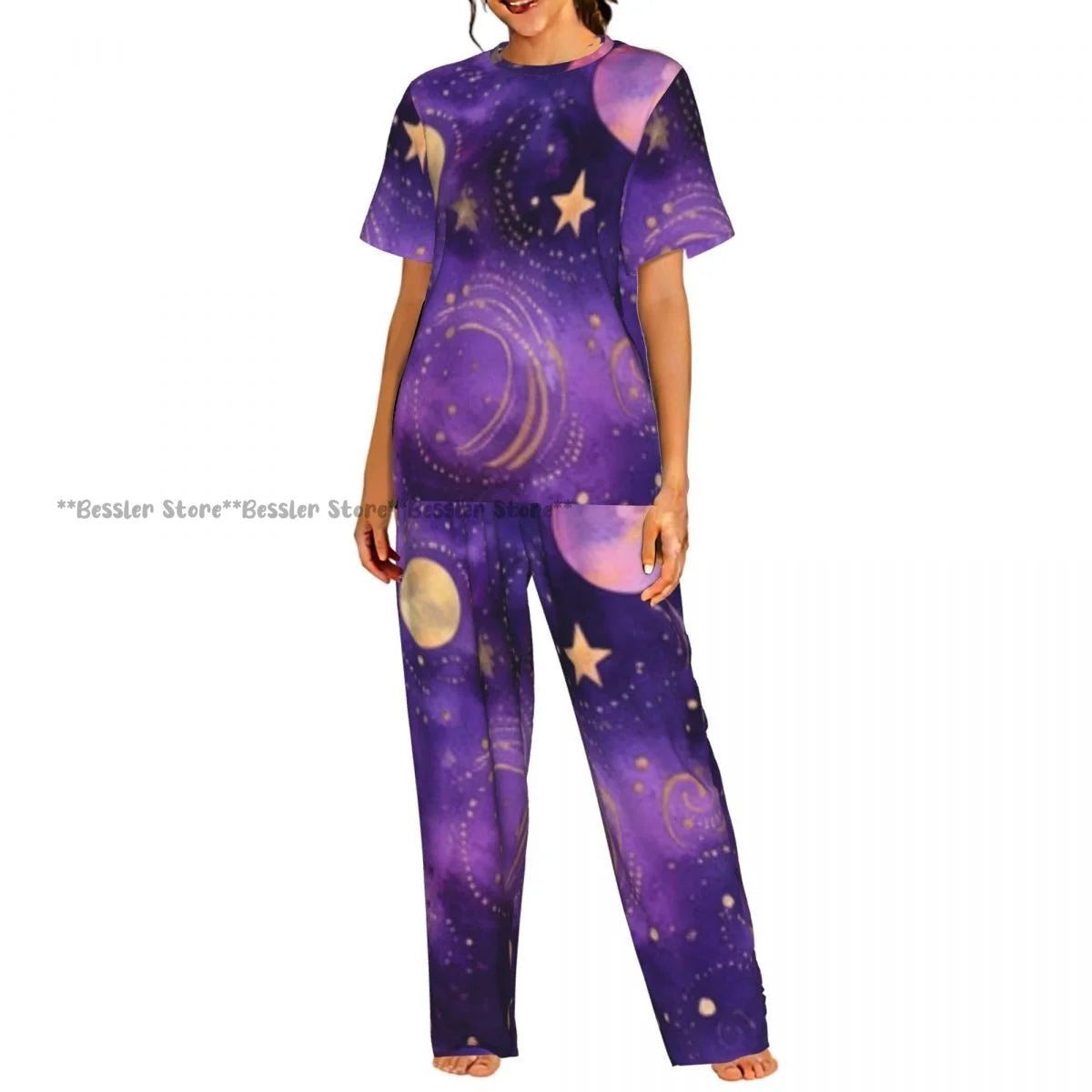 Women's 2-piece set Gold Stars And Planets Pajamas Short sleeved Top and Pants Sleepwear