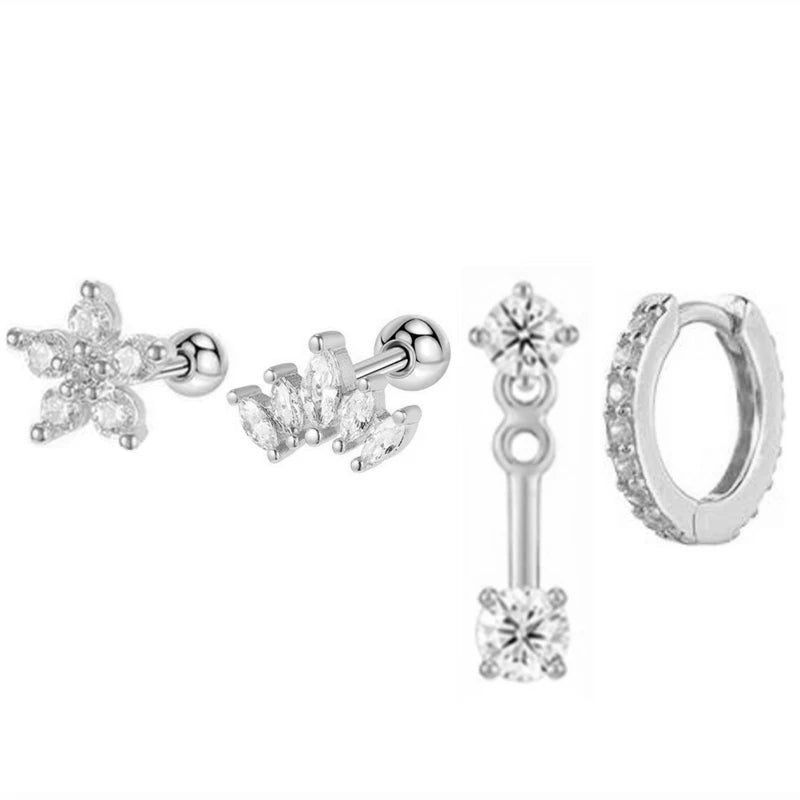 4PCS Stainless Steel Circle Huggie Hoop Earrings Set for Women Gold Color Unique Zircon Flower Stud Earring Piercing Jewelry