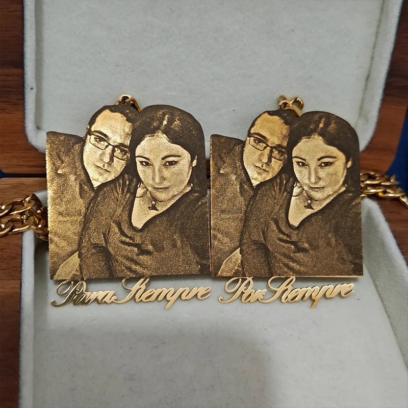 Custom Couple Necklace Cuban Chain Personalized Stainless Steel Laser Engraved Photo Nameplate Pendant Necklace Anniversary Gift
