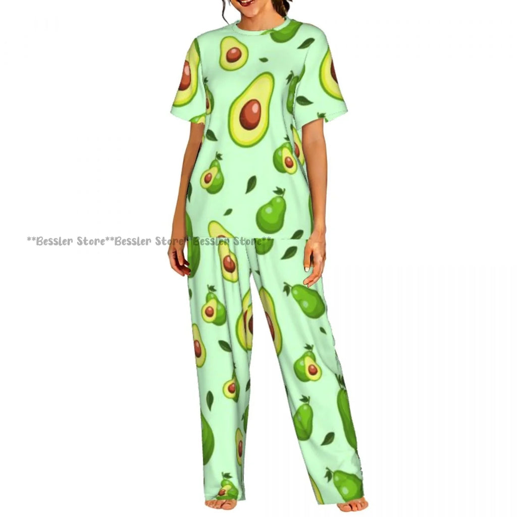 Women Pajama Sets Lounge Sleepwear Avocado Character Short Sleeve Nightwear