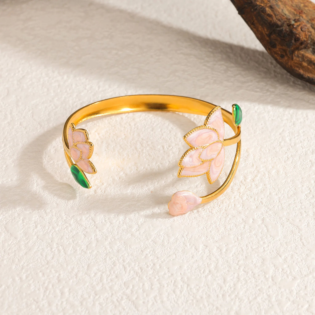 DIEYURO 316L Stainles Steel Pink Dripping Oil Lotus Opening Bracelet Lady New Trend Classic Waterproof Wrist Chain Jewelry Party
