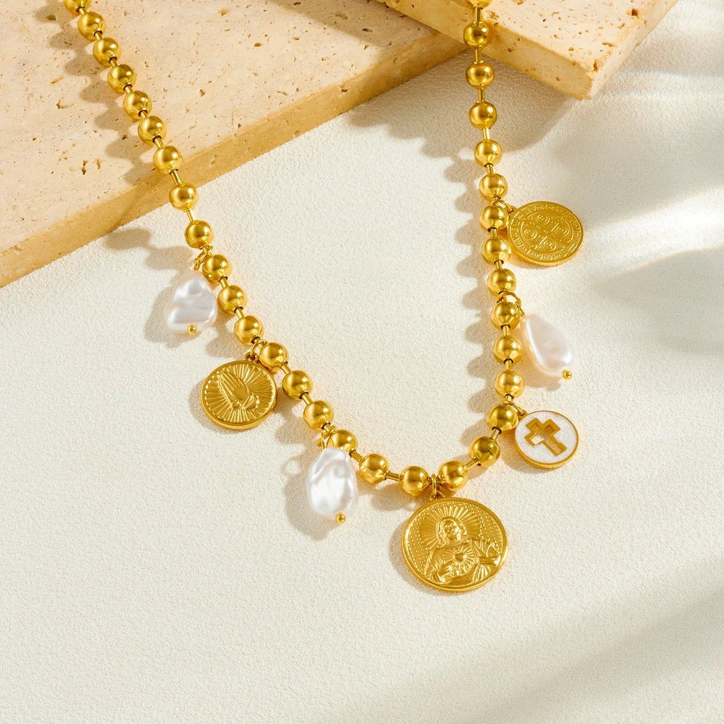 DIEYURO 316L Stainless Steel Retro Portrait Cross Palm Pearl Pendant Beads Necklace Bracelet Set Lady Fashion Waterproof Jewelry