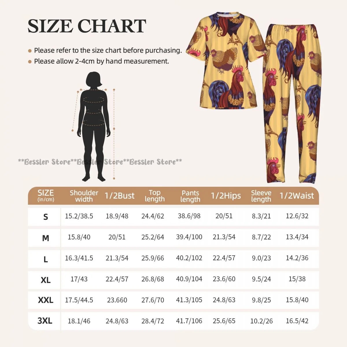Women's Comfort Pajamas Women's Hand Drawn Rooster Hens And Chickens Short Sleeve Set Sleepwear