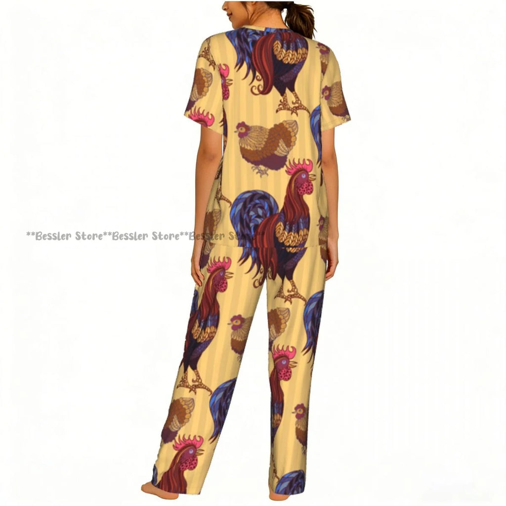 Women's Comfort Pajamas Women's Hand Drawn Rooster Hens And Chickens Short Sleeve Set Sleepwear