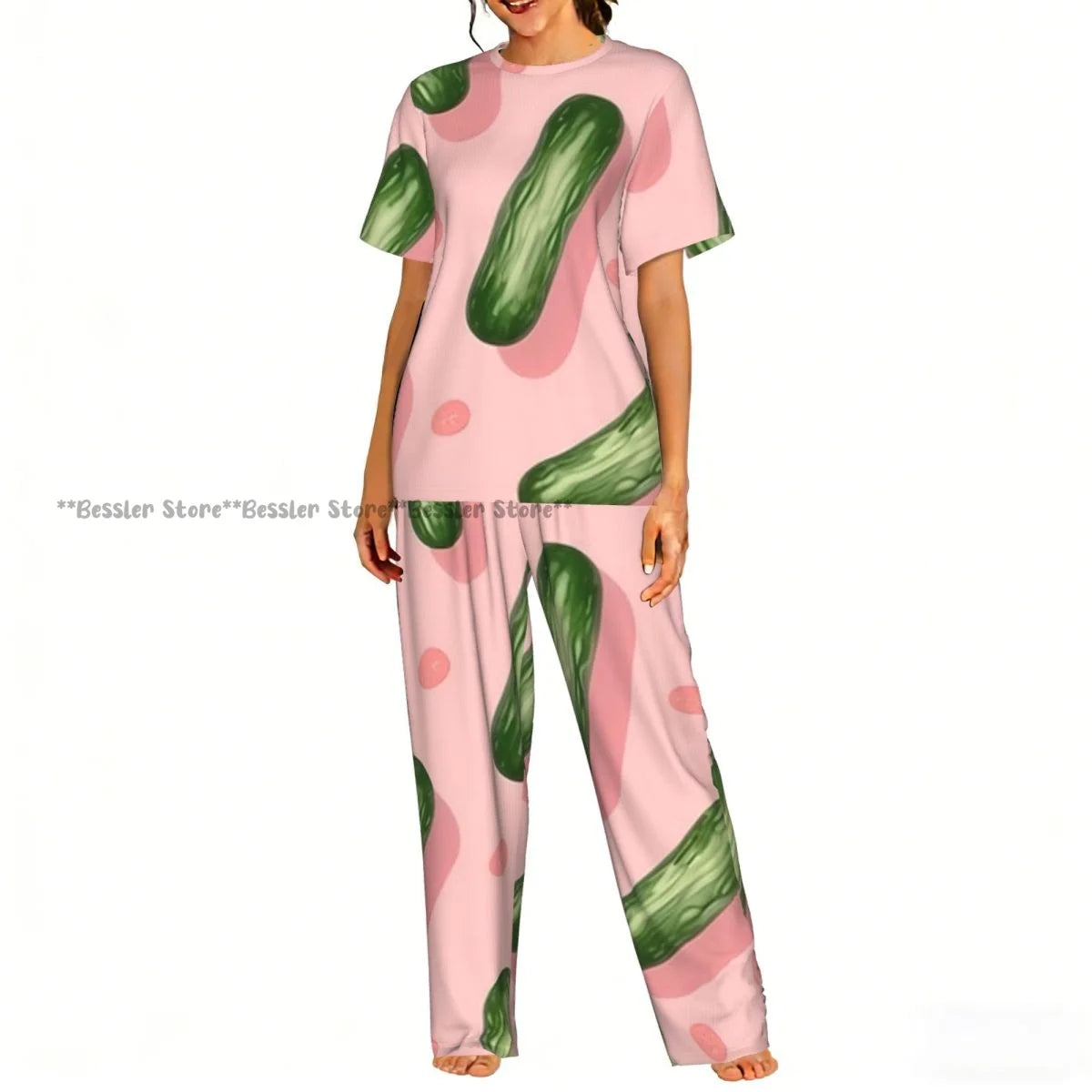 Women Pajama Sets Lounge Sleepwear Cucumbers Cut Print Short Sleeve Nightwear
