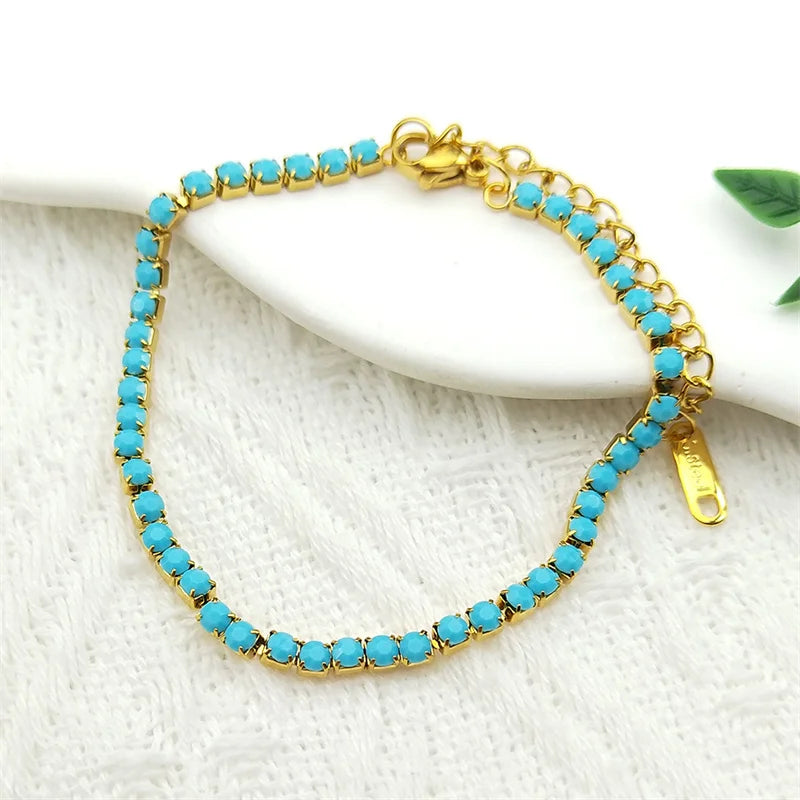 Trend Blue Rectangle Rhinestones Bracelet for Women Girls Stainless Steel Gold Color Fashion Hand Chain Jewelry ZZZ719-2